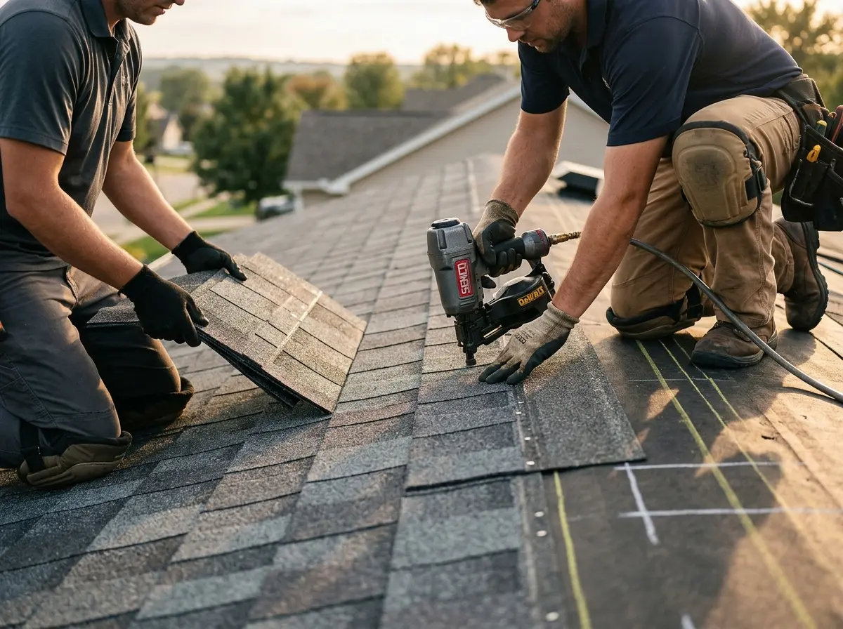Professional roofer working on a residential roof in Orrville